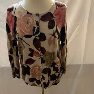 Talbots Rose Print Cardigan in Pink and Brown
